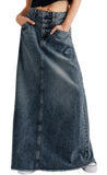 Chouyatou Women Vintage Denim Maxi Skirt Frayed Raw Hem High Waist A-Line Long Jean Skirt