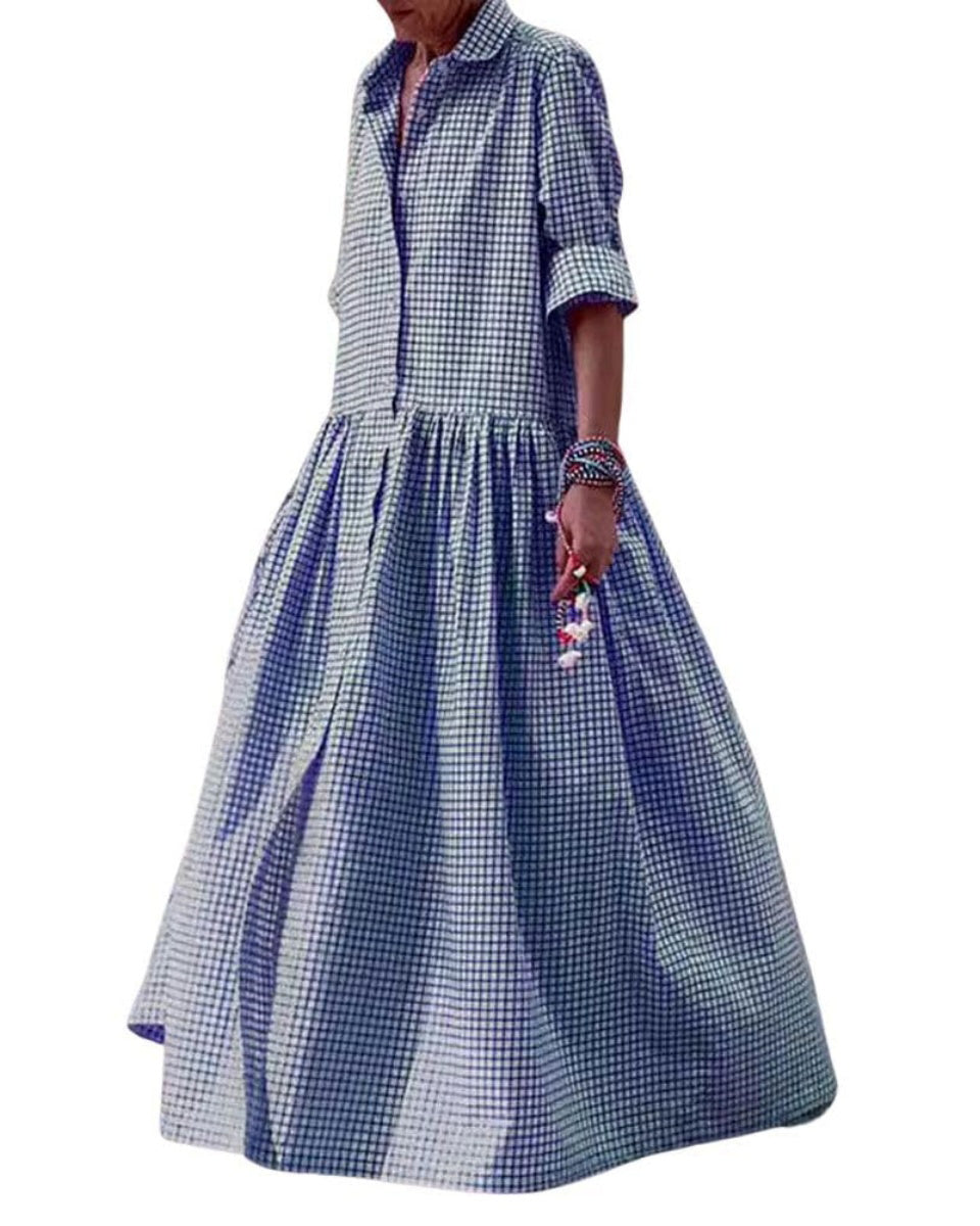 Chouyatou Women's Retro Plaid Button Down Maxi Shirt Dress Long Sleeve Button Up Gingham Swing Long Dress