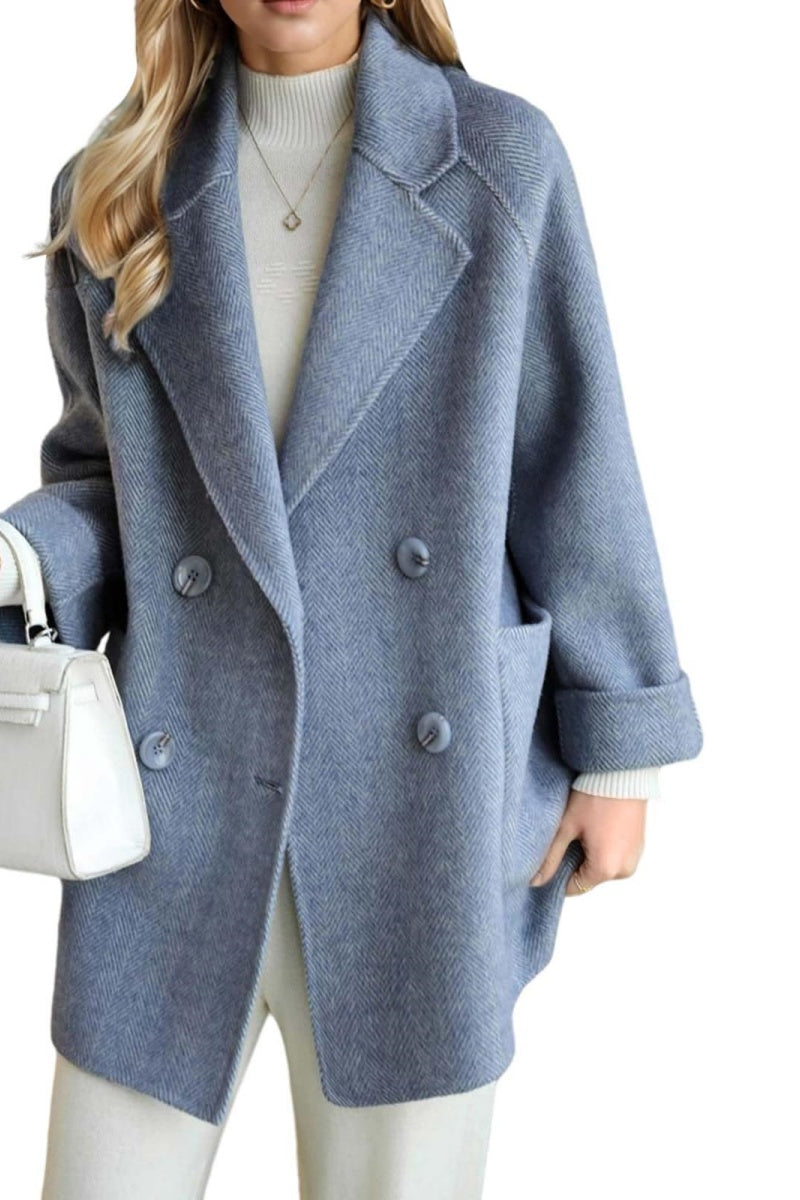 Chouyatou Women Wool Coat Peacoat Jacket Thick Loose Double Breasted Pea Coat Woolen Winter Overcoat