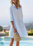 Chouyatou Women's Striped Button Down Shirt Dress Loose Casual Cuffed Sleeve Tiered Mini Tunic Dress
