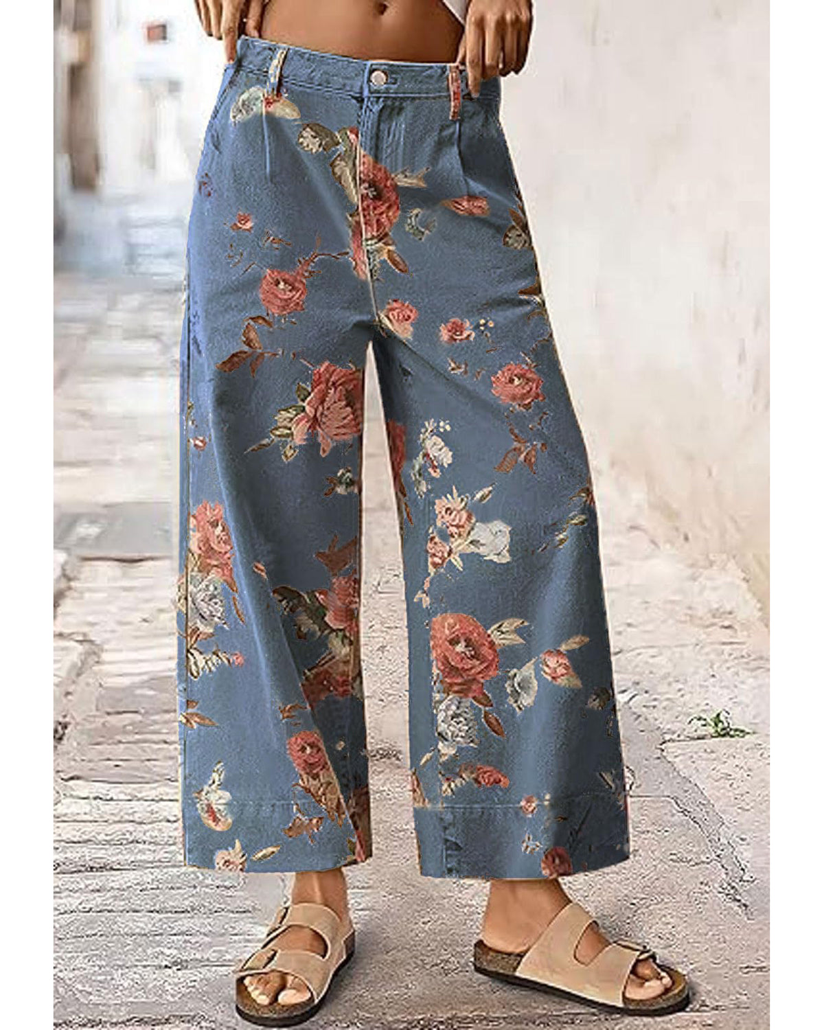 Chouyatou Women Mid Rise Cropped Wide Leg Jeans Baggy Floral Ankle Pants Denim Capris Flare Print Boho Palazzo Jeans Boyfriend