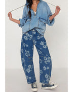 Chouyatou Women Y2k Distressed Barrel Jeans Baggy Wide Leg Jeans Floral Printed Boyfriend Patchwork Denim Pants