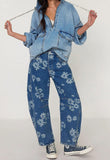 Chouyatou Women Y2k Distressed Barrel Jeans Baggy Wide Leg Jeans Floral Printed Boyfriend Patchwork Denim Pants