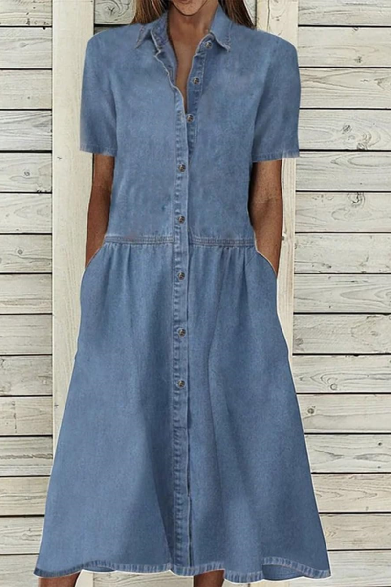 Chouyatou Womens Denim Dress Lapel Short Sleeve Frayed Hem Jean Dress – CHOUYATOU