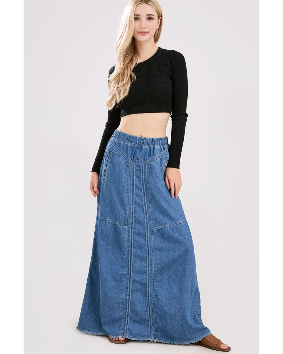 Chouyatou Women's Casual Elastic Waist Frayed Hem A-Line Distressed Hippie Long Maxi Denim Skirt
