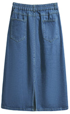 Chouyatou Women's Summer Casual Elastic Waist Pockets Work Midi Denim A Line Skirt