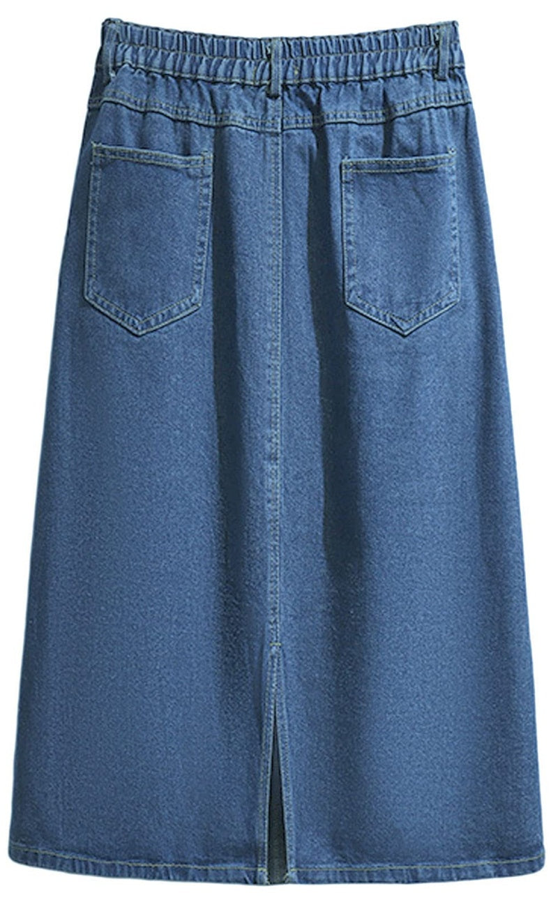 Chouyatou Women's Summer Casual Elastic Waist Pockets Work Midi Denim A Line Skirt