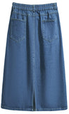 Chouyatou Women's Summer Casual Elastic Waist Pockets Work Midi Denim A Line Skirt