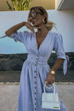 Chouyatou Womens Casual Button Down Maxi Denim Dress V-Neck Tie Half Sleeve Long Denim Dresses for Women 2025
