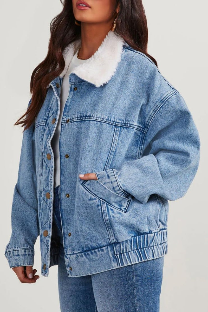 Chouyatou Women's Warm Sherpa Collar Denim Jacket Faux Fur Collar Denim Coat Trucker Jacket