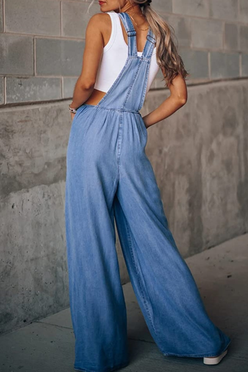 Chouyatou Women's Loose Adjustable Strap Wide Leg Denim Bib Overall Jeans Pants