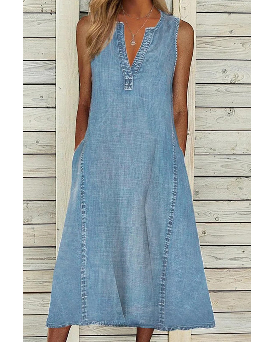 Chouyatou Women Casual Sleeveless Denim Midi Dress A Line Dress Mid Long Tank Dress Jean Shift Dress Jumper Summer