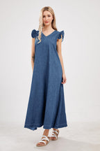 Chouyatou Womens Long Denim Dress Casual Loose Fit Ruffle Sleeveless V-Neck Jean Maxi Dresses for Women
