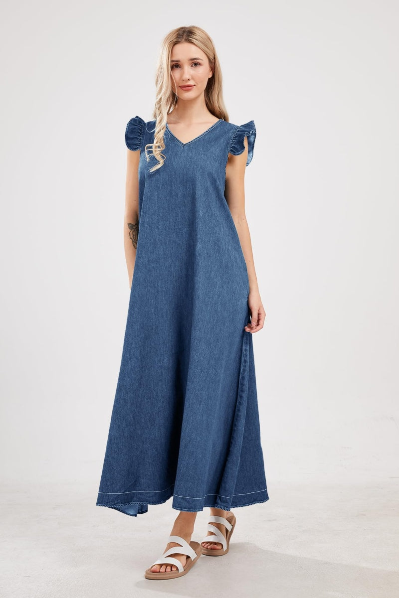 Chouyatou Womens Long Denim Dress Casual Loose Fit Ruffle Sleeveless V-Neck Jean Maxi Dresses for Women