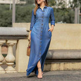 Chouyatou Womens Casual Button Down Denim Maxi Dress Lapel Long Sleeve Long Jean Dresses with Pocke