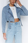 Chouyatou Women's Boyfriend Jean Shakcet Jacket Zipper Belted Moto Denim Blazer Jacket