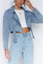 Chouyatou Women's Boyfriend Jean Shakcet Jacket Zipper Belted Moto Denim Blazer Jacket