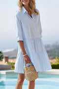 Chouyatou Women's Striped Button Down Shirt Dress Loose Casual Cuffed Sleeve Tiered Mini Tunic Dress