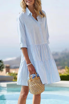 Chouyatou Women's Striped Button Down Shirt Dress Loose Casual Cuffed Sleeve Tiered Mini Tunic Dress