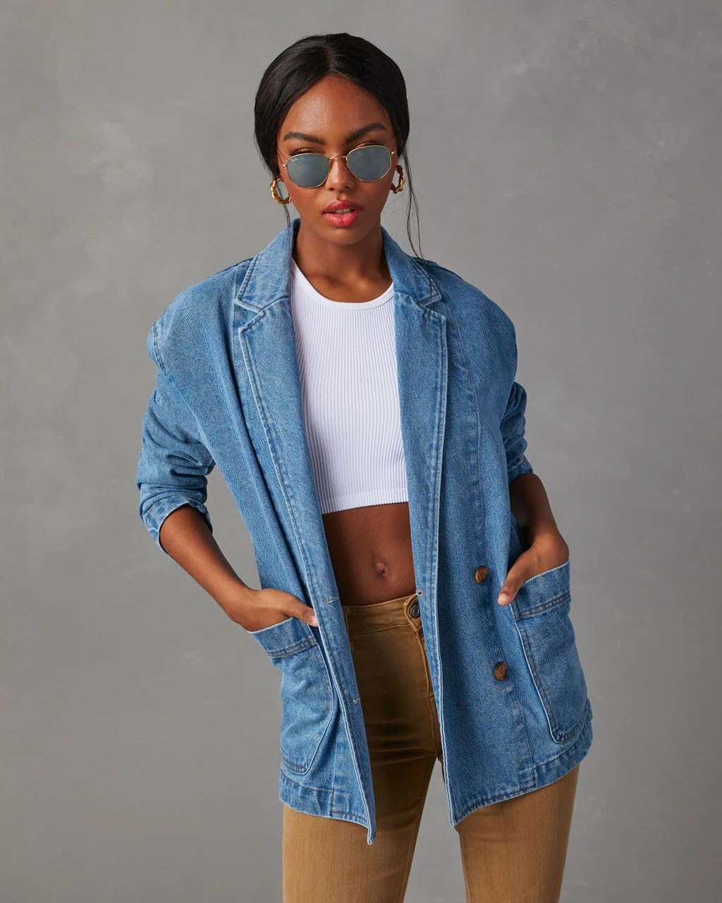 Chouyatou Womens Long Sleeve Jean Jacket Casual Loose Fit Notched Collar Button Down Denim Jacket