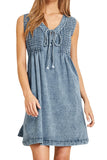 Chouyatou Women Vintage Mini Denim Dress Striped Sleeveless Jean Dress Short Smocked Dress Shift Dress Drawstring