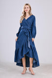 Chouyatou Womens Casual Belted Long Sleeve Denim Dress Wrapped V-Neck Ruffle Hem Maxi Denim Dresses for Women 2025