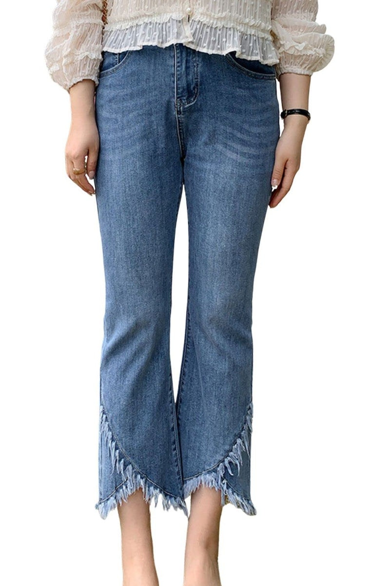 Chouyatou Women Cute Stretch Denim Jeans Ripped Distressed Frayed Hem Denim Pants Tassel Fringe Cropped Jeans