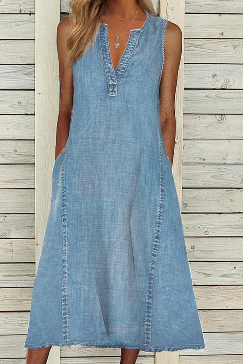 Chouyatou Women Casual Sleeveless Denim Midi Dress A Line Dress Mid Long Tank Dress Jean Shift Dress Jumper Summer
