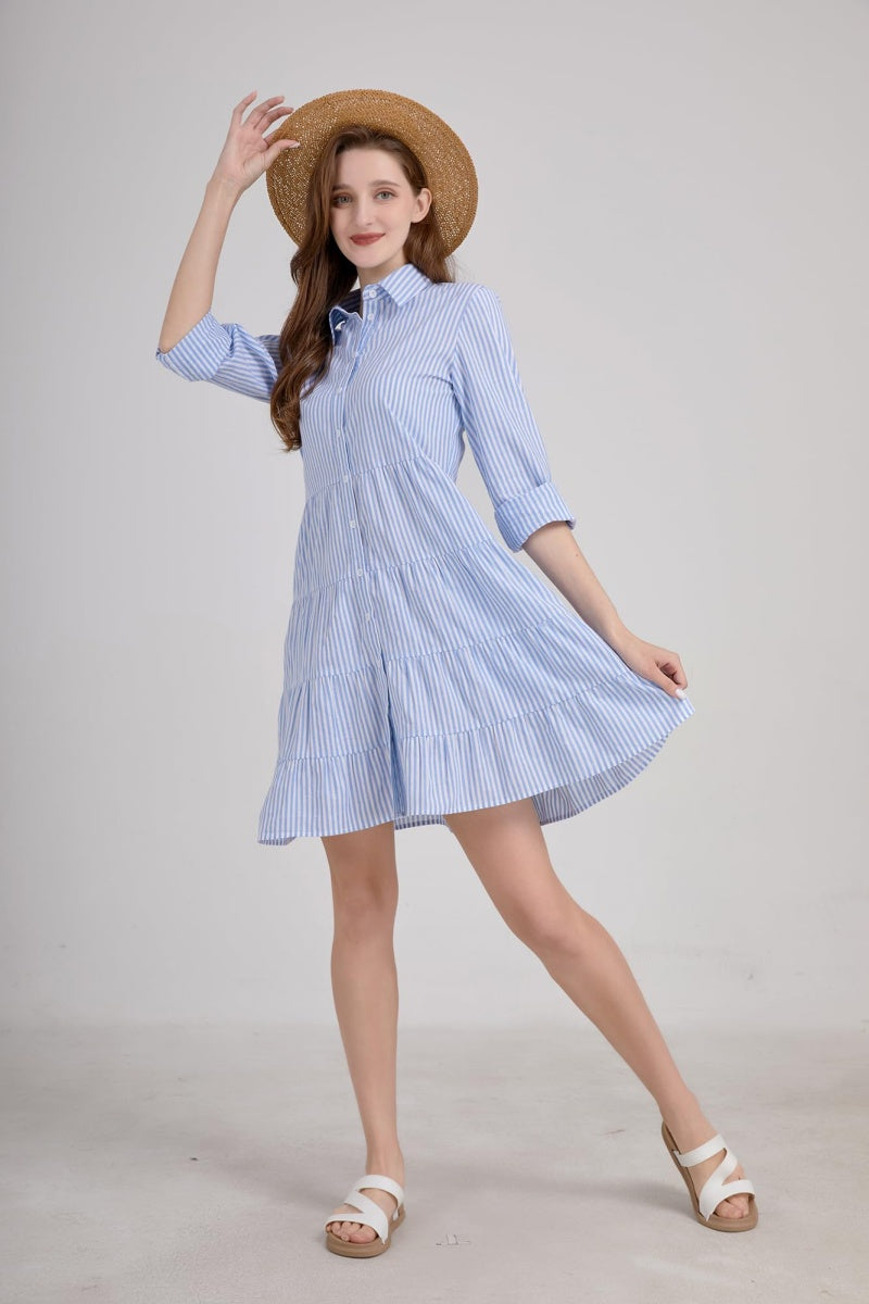 Chouyatou Womens Striped Button Down Midi Shirt Dress Casual Loose Cuffed Long Sleeve Mid Long Dresses