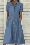 Chouyatou Womens Denim Dress Lapel Short Sleeve Frayed Hem Jean Dress Button Down A Line Shirt Dress