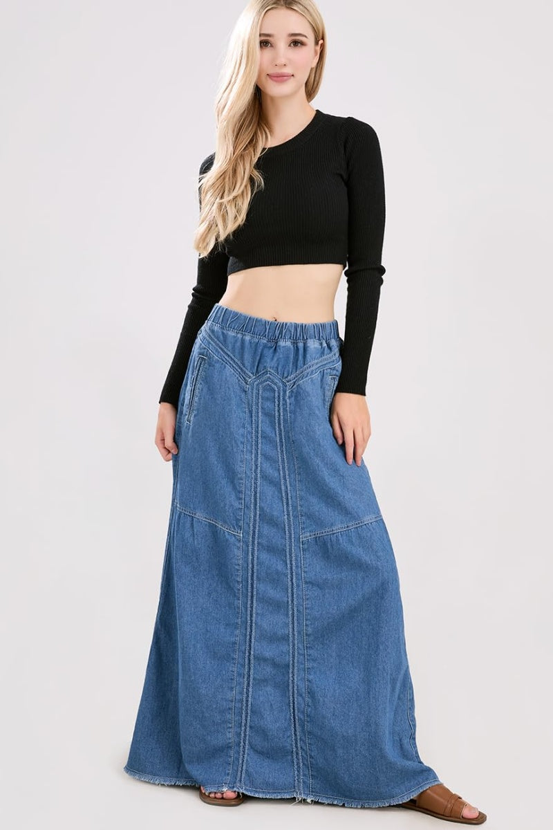 Chouyatou Women's Casual Elastic Waist Frayed Hem A-Line Distressed Hippie Long Maxi Denim Skirt