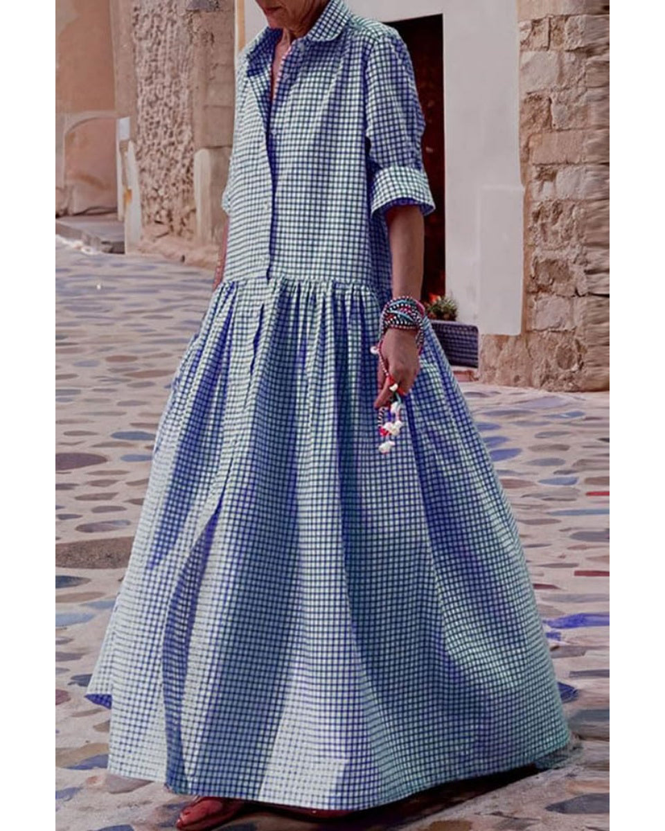 Chouyatou Women's Retro Plaid Button Down Maxi Shirt Dress Long Sleeve Button Up Gingham Swing Long Dress