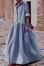 Chouyatou Women's Retro Plaid Button Down Maxi Shirt Dress Long Sleeve Button Up Gingham Swing Long Dress