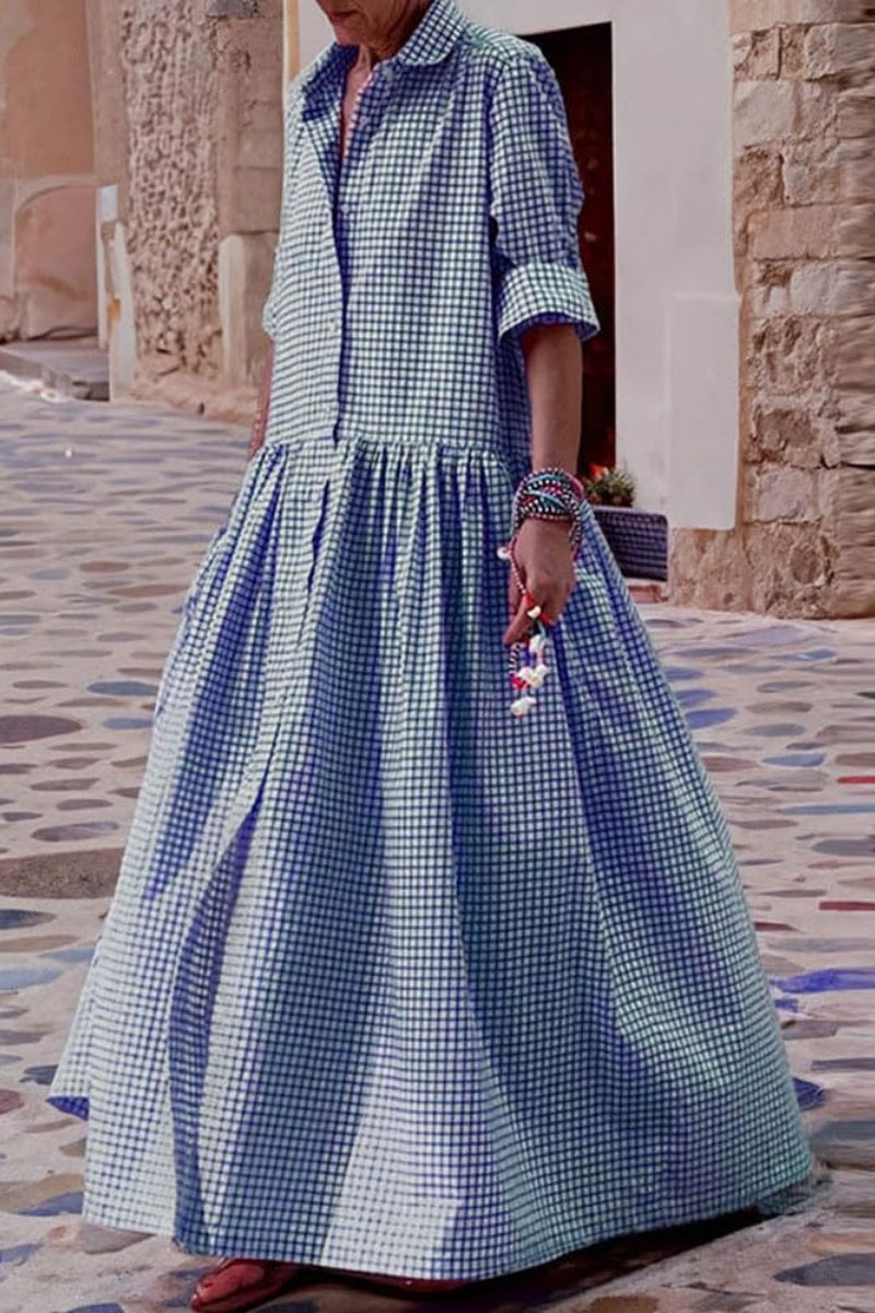 Chouyatou Women's Retro Plaid Button Down Maxi Shirt Dress Long Sleeve Button Up Gingham Swing Long Dress