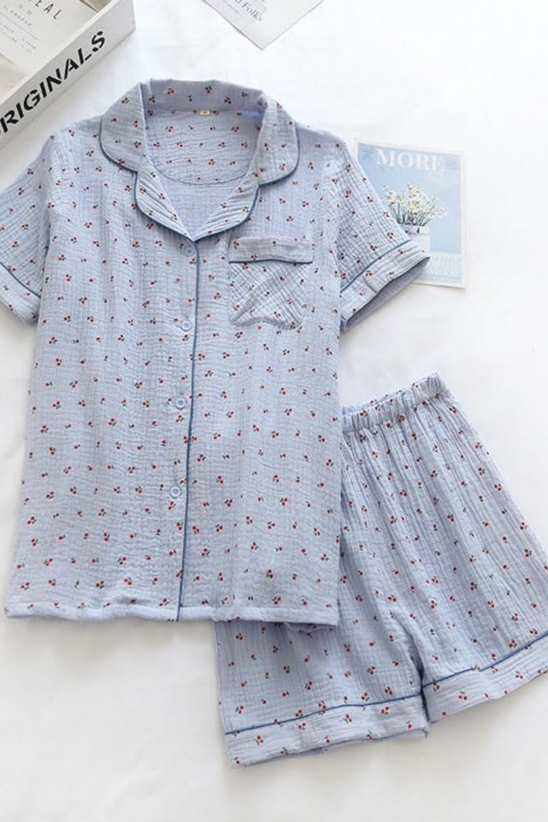 Chouyatou Womens Cute Pajama Set Short Sleeve Button Up Shirt and Shorts 2 Piece Cotton Pj Sets
