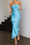Chouyatou Women's Summer Satin Silk Maxi Bodycon Dresses Strapless Tube Backless Hollow Out Elegant Long Party Club Dress