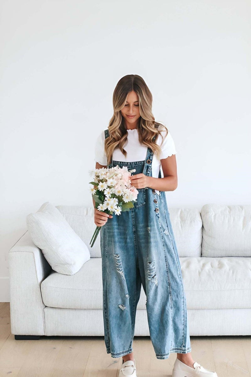 Chouyatou Women's Casual Adjustable Straps Denim Bib Overalls Distressed Ripped Wide Leg Jeans Long Pants Jumpsuits