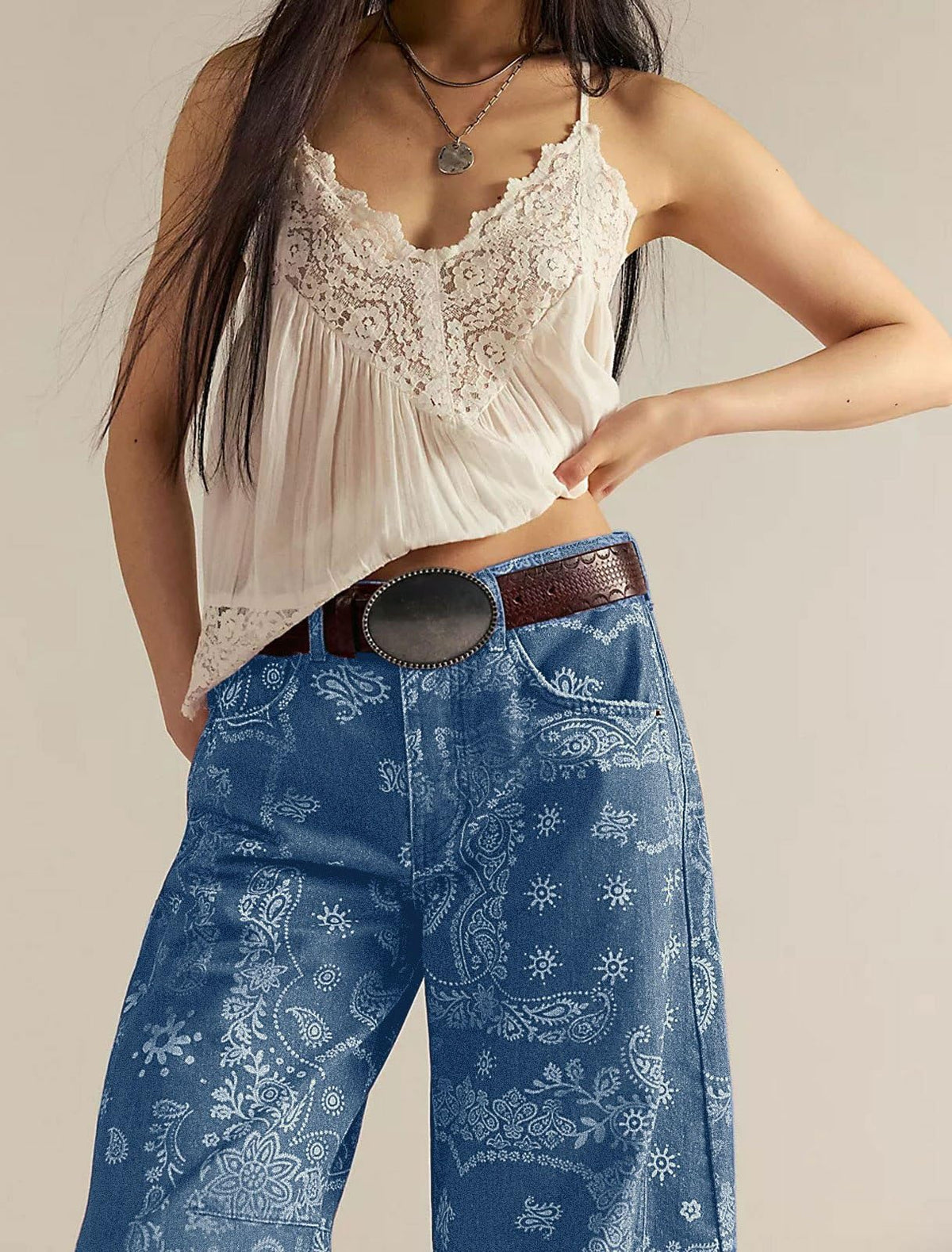 Chouyatou Women Boyfriend Baggy Barrel Jeans Floral Print Denim Ankle Pants Wide Leg Mid Rise Jeans Sweatpants Y2k Patchwork