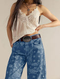 chouyatou Women Boyfriend Baggy Barrel Jeans Floral Print Denim Ankle Pants Wide Leg Mid Rise Jeans Sweatpants Y2k Patchwork