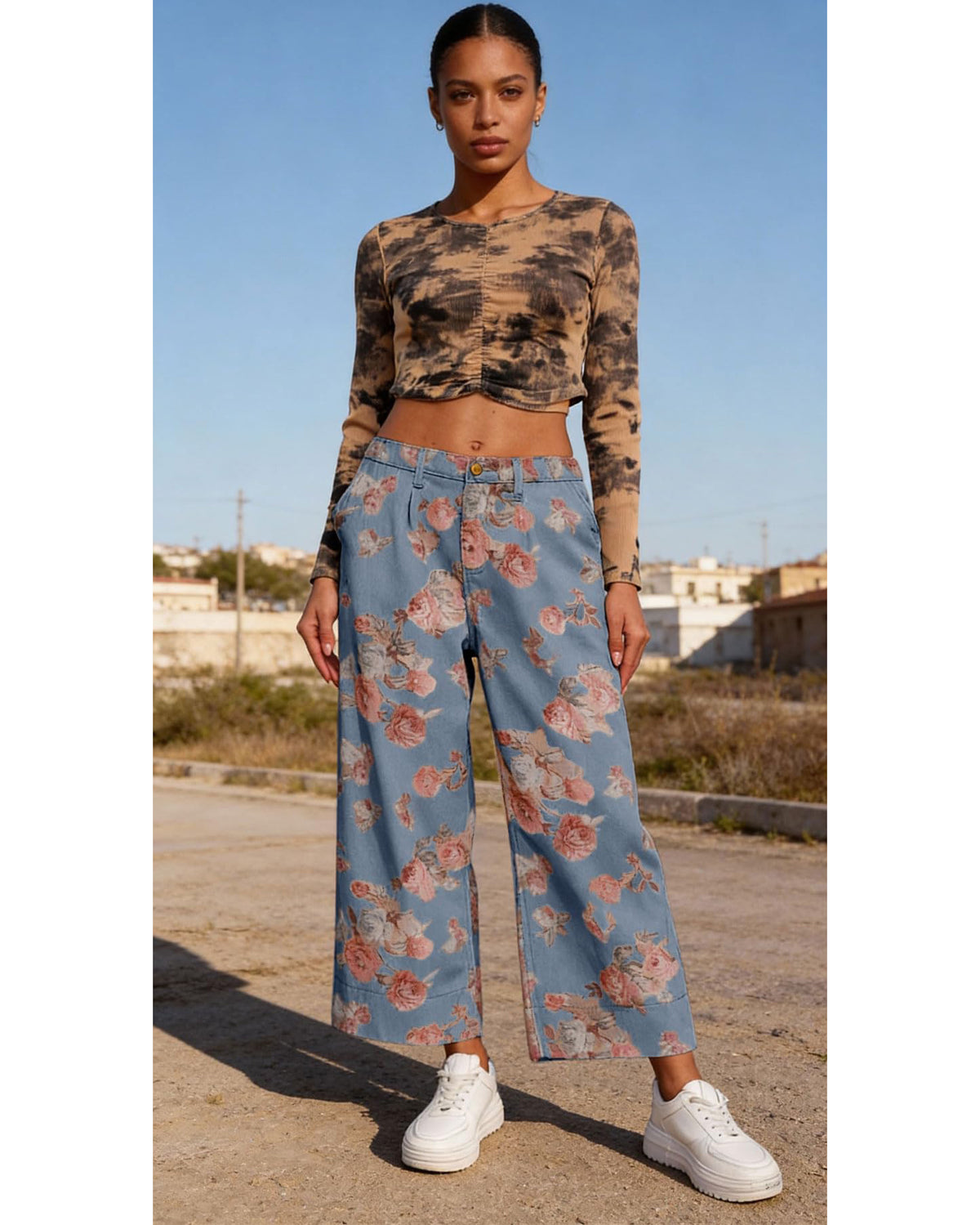 Chouyatou Women Mid Rise Cropped Wide Leg Jeans Baggy Floral Ankle Pants Denim Capris Flare Print Boho Palazzo Jeans Boyfriend