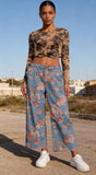 Chouyatou Women Mid Rise Cropped Wide Leg Jeans Baggy Floral Ankle Pants Denim Capris Flare Print Boho Palazzo Jeans Boyfriend