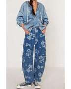 Chouyatou Women Y2k Distressed Barrel Jeans Baggy Wide Leg Jeans Floral Printed Boyfriend Patchwork Denim Pants