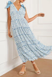 Chouyatou Women's Summer Boho Floral Print Dress Tie Knot Strap V-Neck Swing Maxi Beach Dress