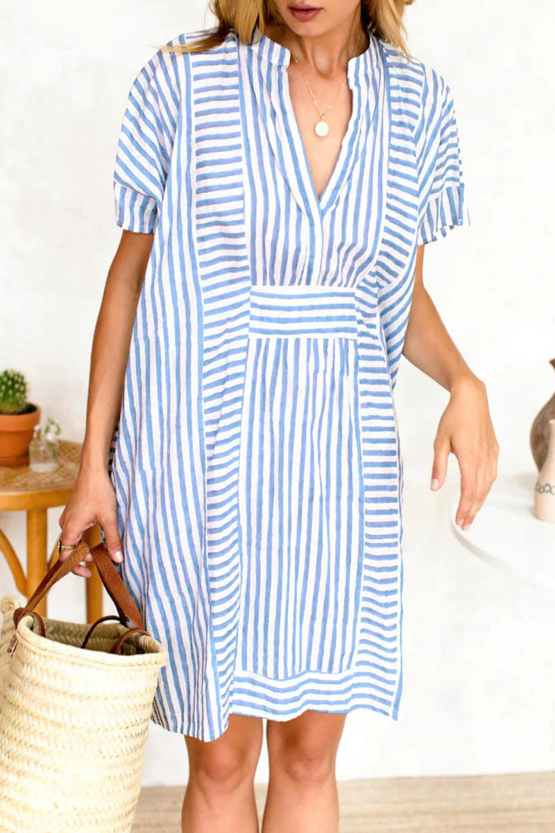Chouyatou Womens Summer Loose Stripe Beach Dress Cover Ups Casual Batwing Sleeve Midi Tunic Shirt Dress