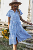 Chouyatou Women's Summer Flutter Sleeve Midi Long Gingham Dress Plaid Button Down Shirt Dress