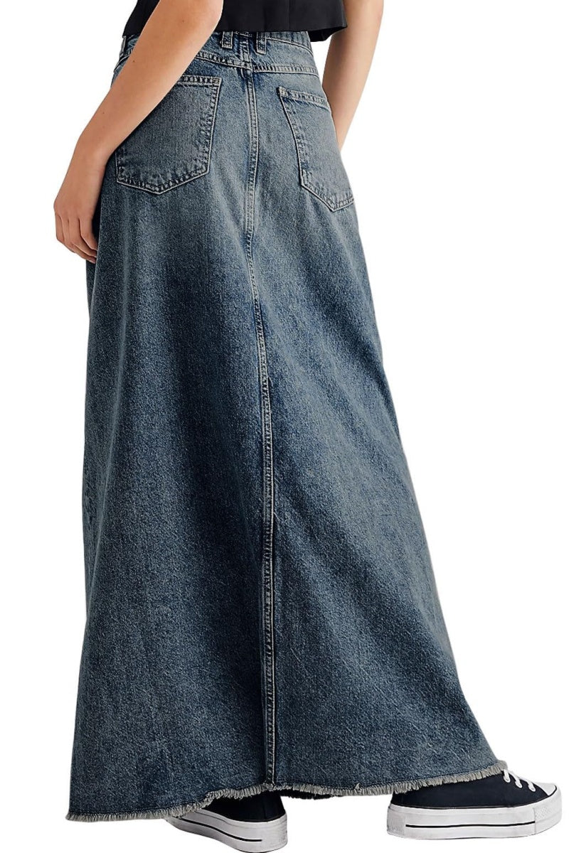 Chouyatou Women Vintage Denim Maxi Skirt Frayed Raw Hem High Waist A-Line Long Jean Skirt