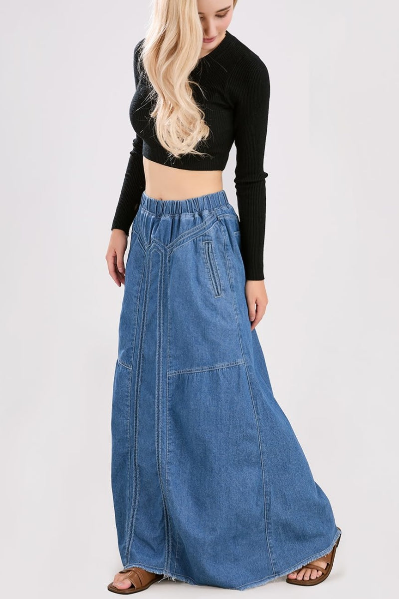 Chouyatou Women's Casual Elastic Waist Frayed Hem A-Line Distressed Hippie Long Maxi Denim Skirt