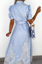 Chouyatou Women's Embroidered Eyelet Shirt Dresses Belted Puff Sleeve Button Down Swing Boho Cotton Maxi Shirt Dress
