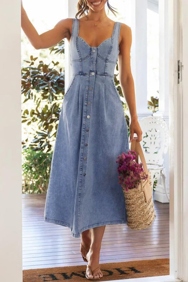 Chouyatou Denim Dress for Women Sleeveless Button Down Slim Fit Midi Jean Dresses for Women