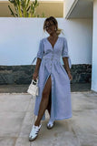 Chouyatou Womens Casual Button Down Maxi Denim Dress V-Neck Tie Half Sleeve Long Denim Dresses for Women 2025